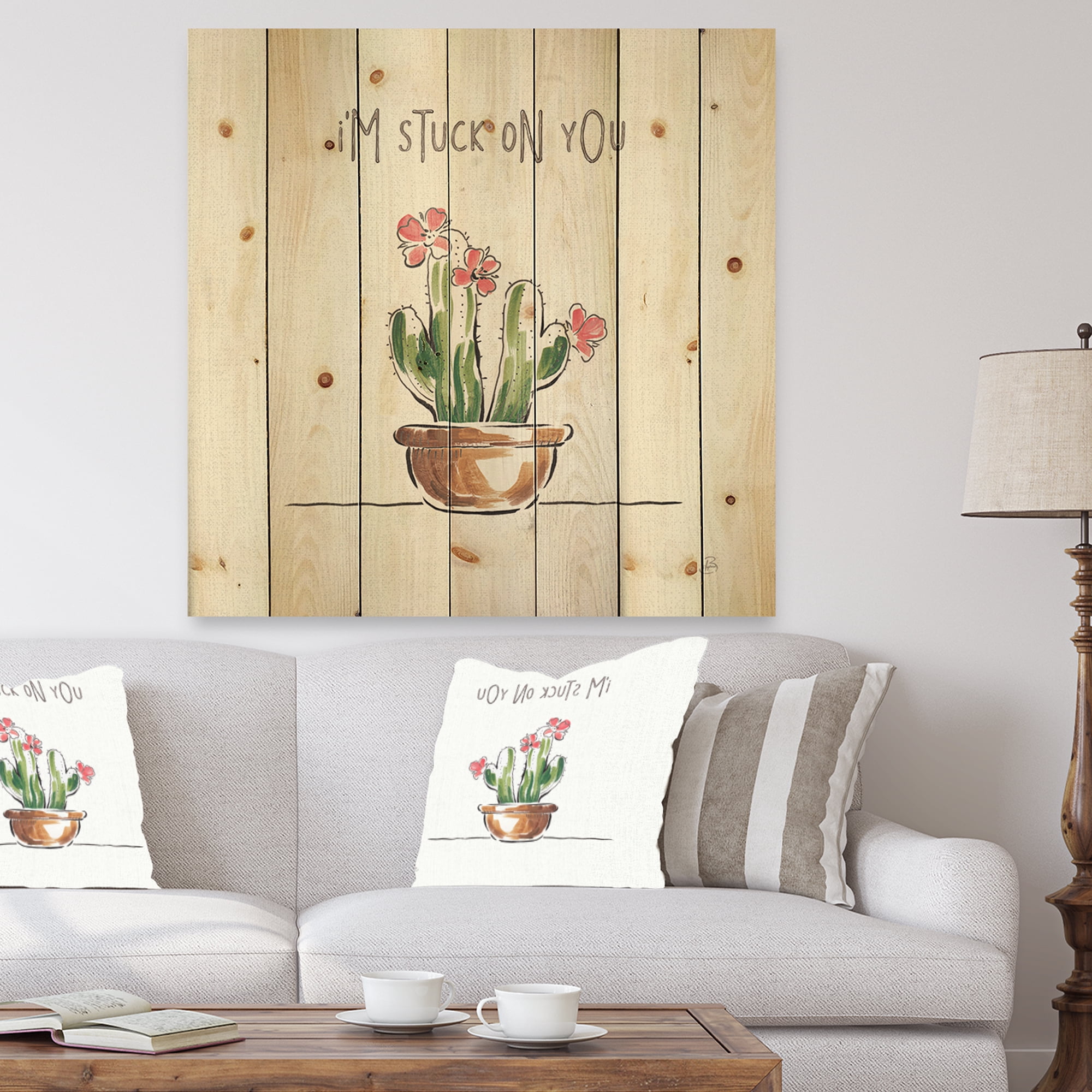 Designart 'Desert Botanical Bloom In Claypots II' Cabin & Lodge Print on Natural Pine Wood