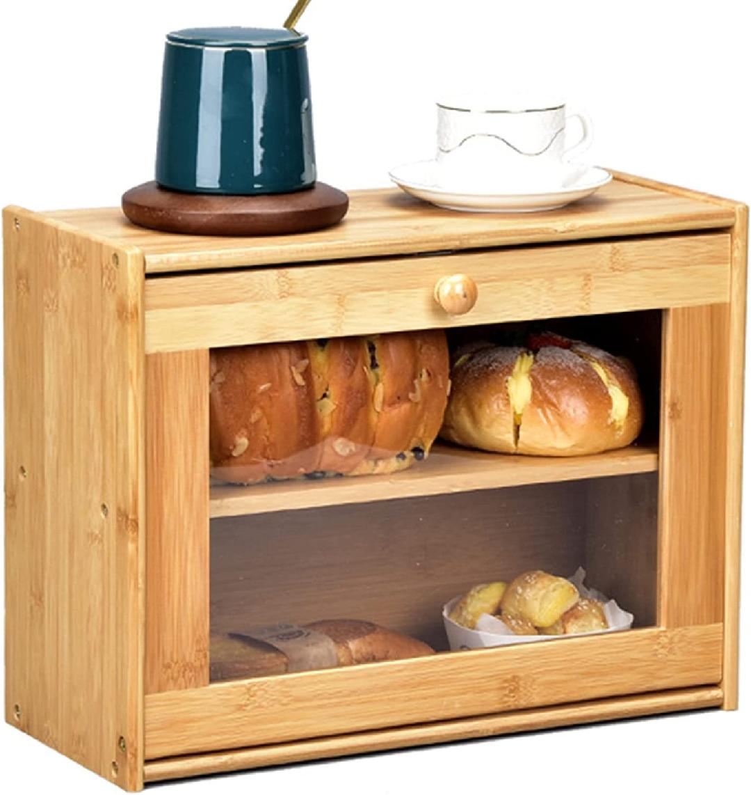 2 Layer Bamboo Bread Box Large Retro Bread Box with Clear Window Countertop Bread Storage Bins
