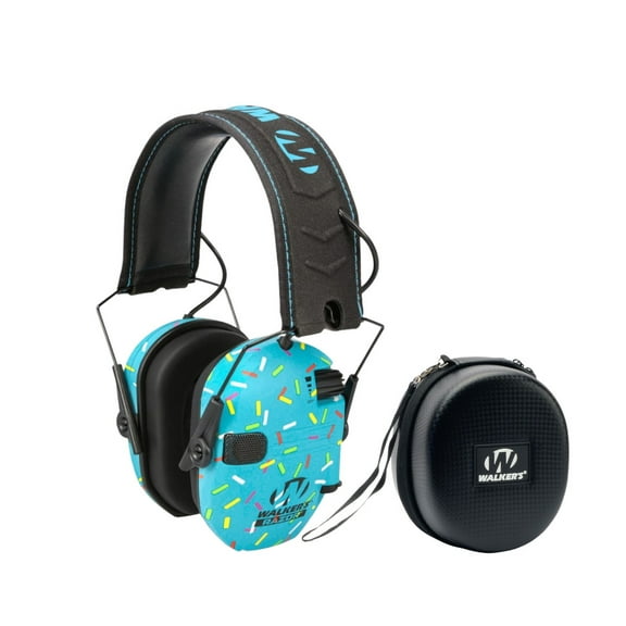 Walker's Razor Slim Electronic Ear Muffs (Blue Sprinkles) Bundle with Protective Case (2 Items)