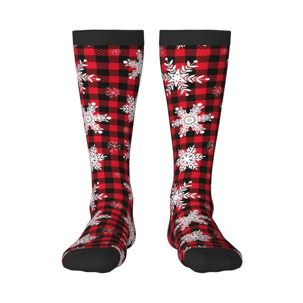 Fotbe Snowflakes On A Buffalo Plaid Calcetas Divertidas Estampadas para Hombre y Mujer, Calcetas de Algodón hasta la Rodilla para Caminar, Correr, Enfermería y Embarazo