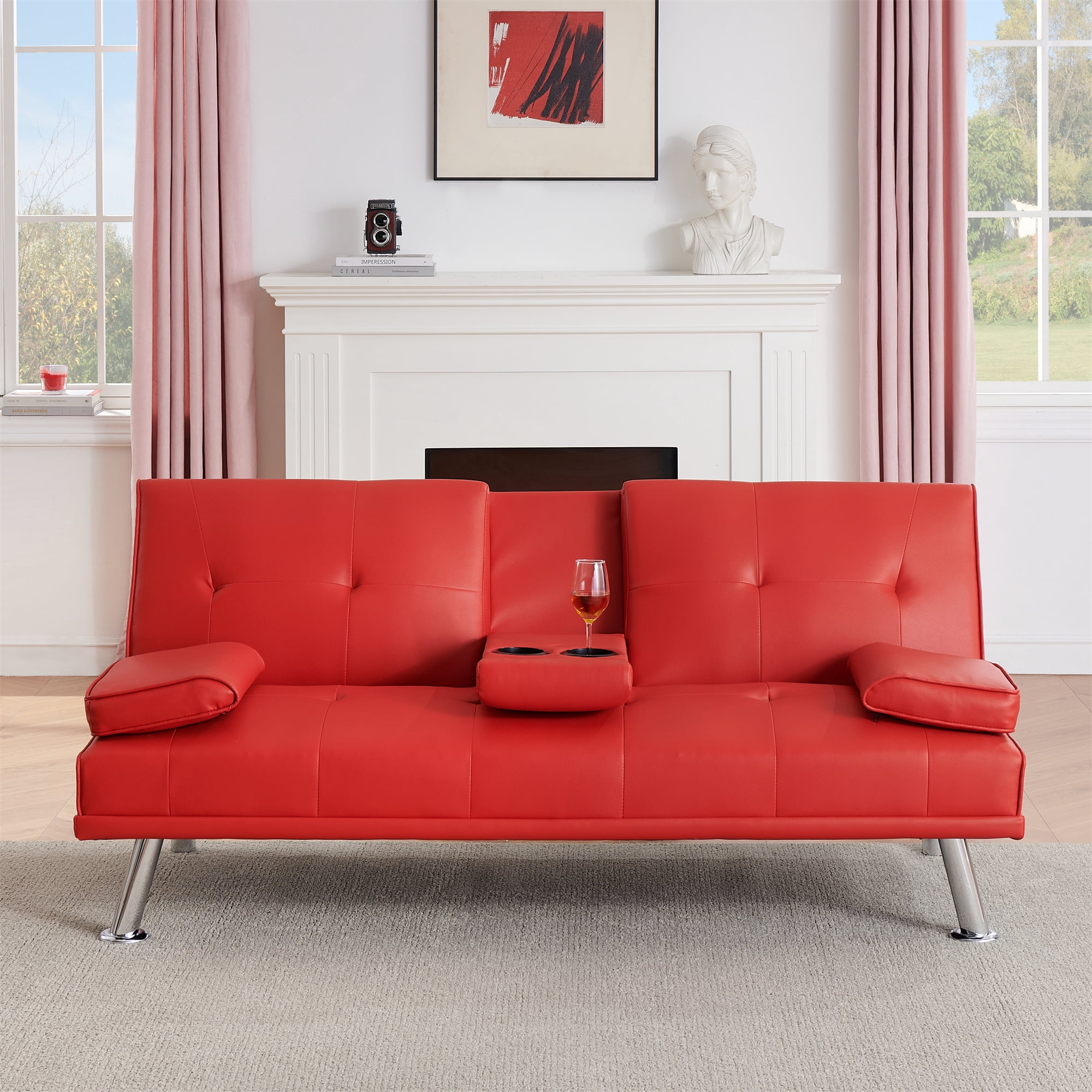 Aukfa Leather Futon Convertible Sofa Bed with 2 Cup Holders&Pillows, Twin Size, Red