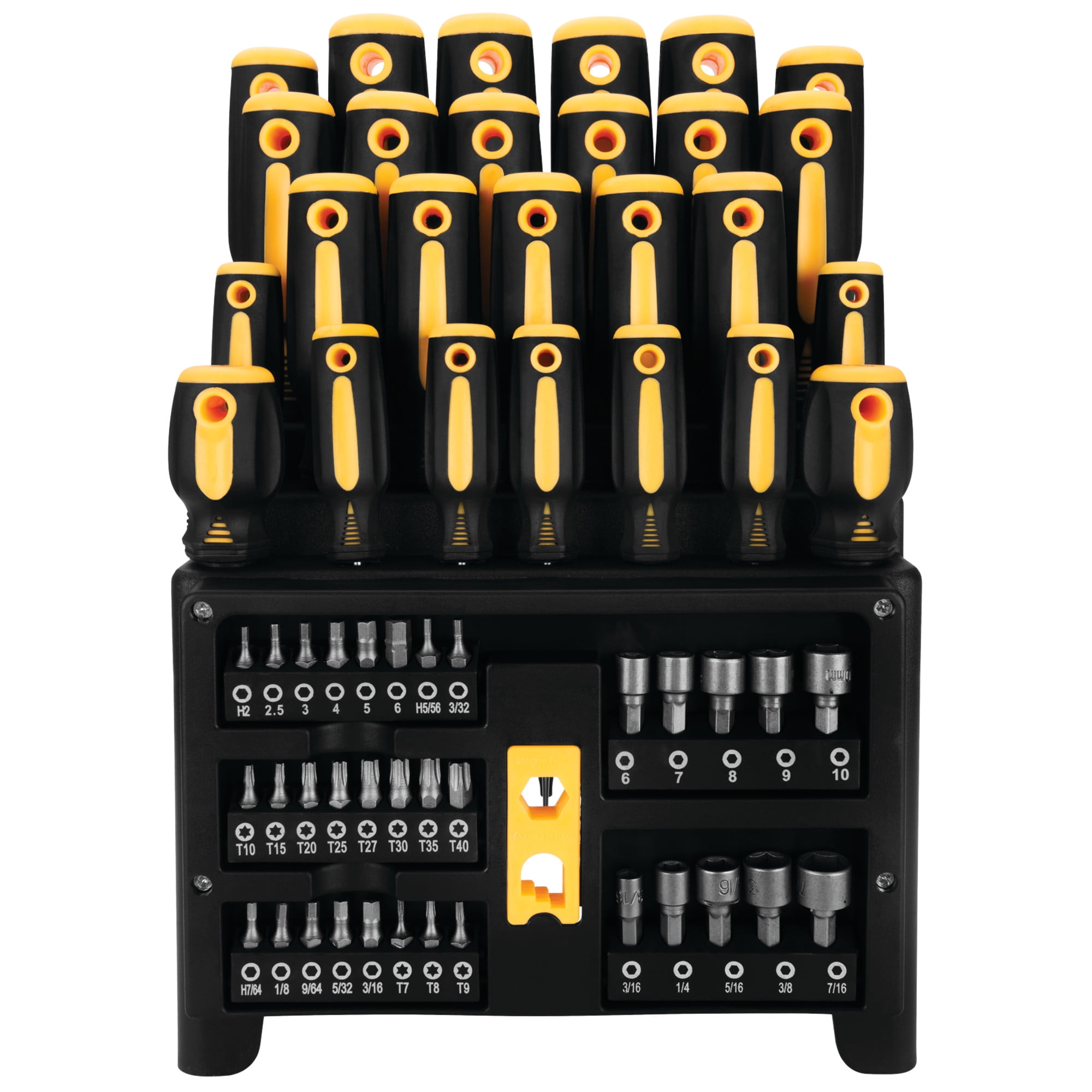 Performance Tool W1731 Screwdriver and Bit Set with Rack, Yellow/Black, 61-Piece