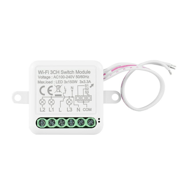 Module Wi-Fi à 3 Canaux Switch Mini Smart avec Commande Vocale, Contrôle par Application Mobile, Fonction de Minuterie, Compatible avec Google Assistant, Amazon Alexa, LED 300 W, 10 A
