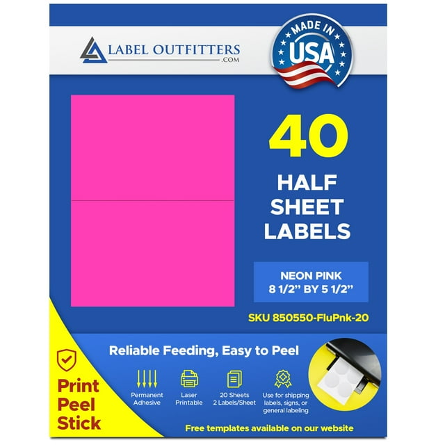 40 Label Outfitters® Fluorescent Neon Magenta Pink Laser ONLY Labels, 8-1/2 x 5-1/2 inches, Half Sheet or Half Page