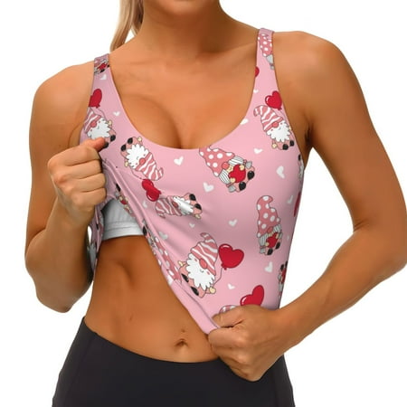 Qokaie Gnome With Heart Pattern Womens Scoop Neck Sports Bra Breathable Workout Vest Padded U Back Medium Impact Fitness Gym Yoga Bra Workout Crop Top