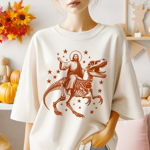 Funny Jesus Christ Riding A Skeleton T-Rex Dinosaur Shirt, Christian Gift Tee