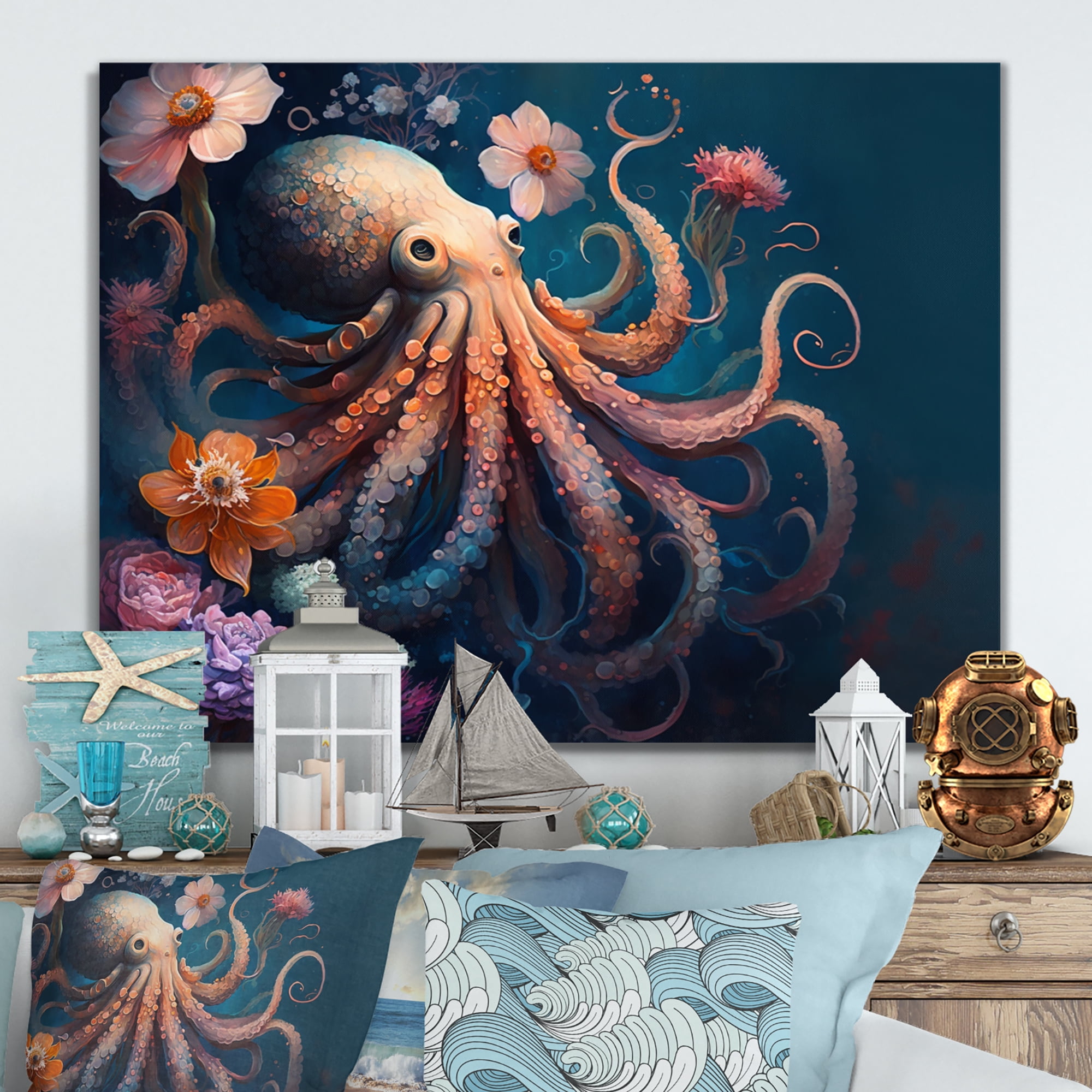 Designart Octopus In The Ocean With Flowers I Canvas Wall Art