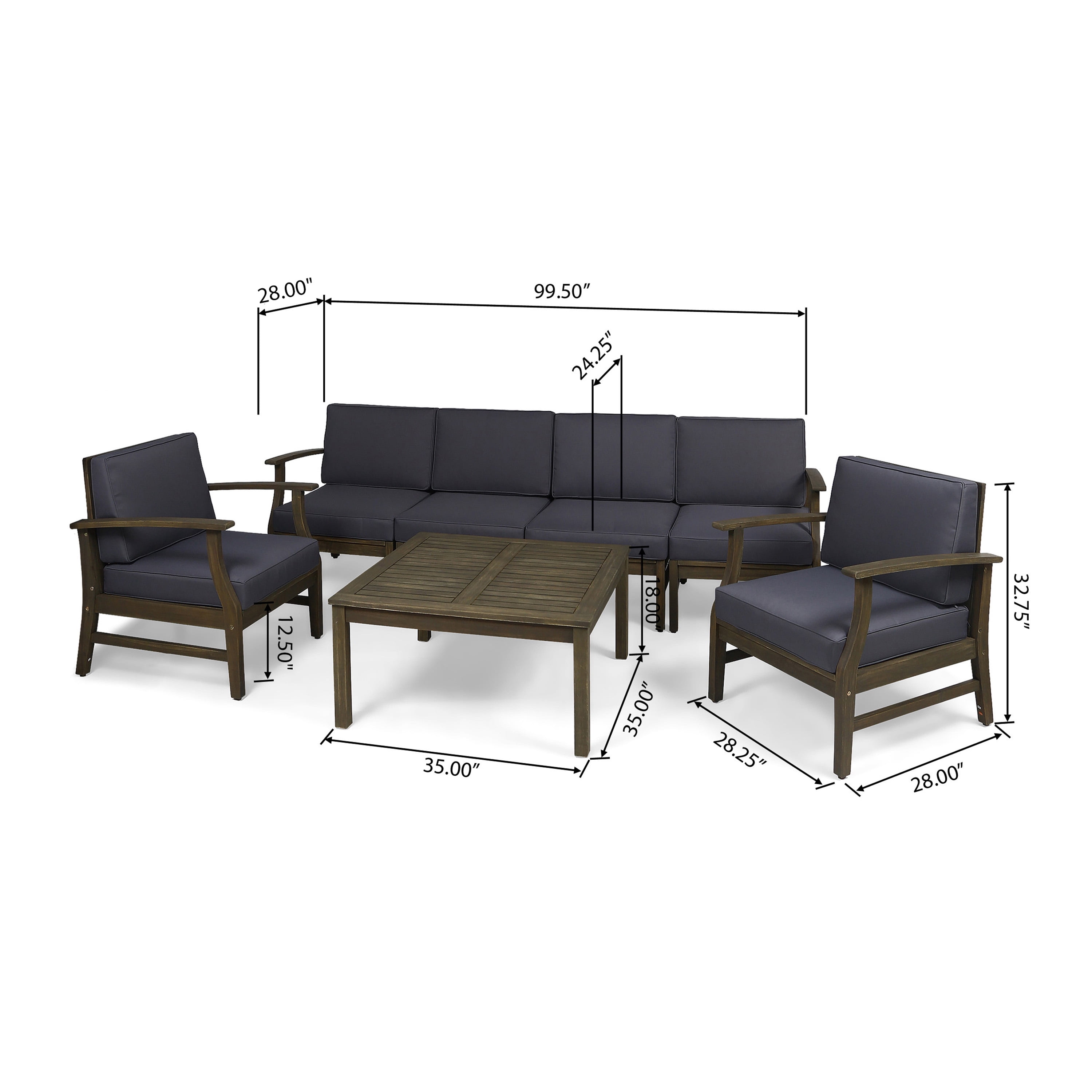 Danielle Outdoor 7 Piece Acacia Wood 6-Seater Sofa and Club Chairs Set, Gray and Dark Gray