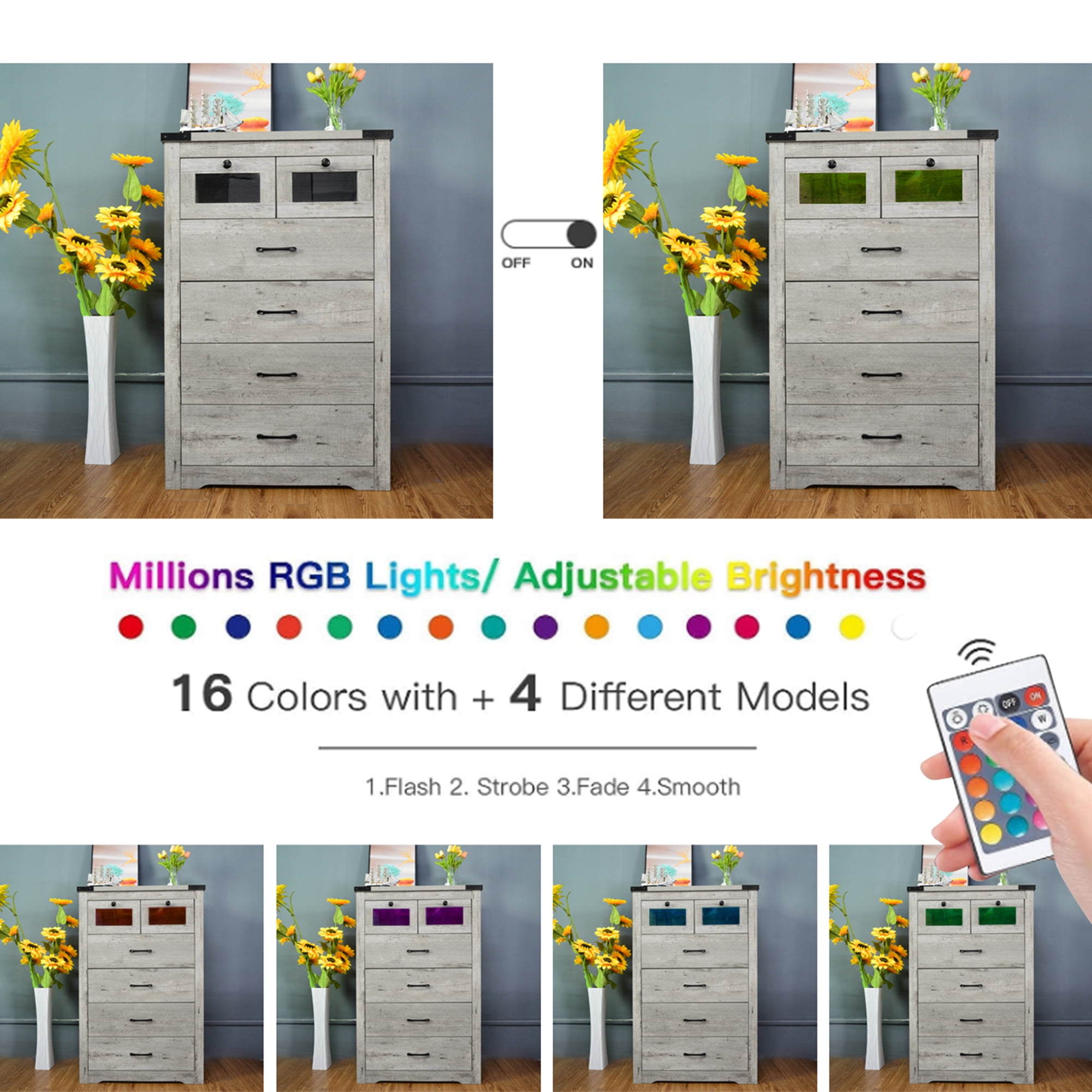 Kadyn 46" Chest of Drawers, Sideboard Buffet Cabinet with 6 Drawers and LED Light, Dresser for Bedroom, Cement Grey