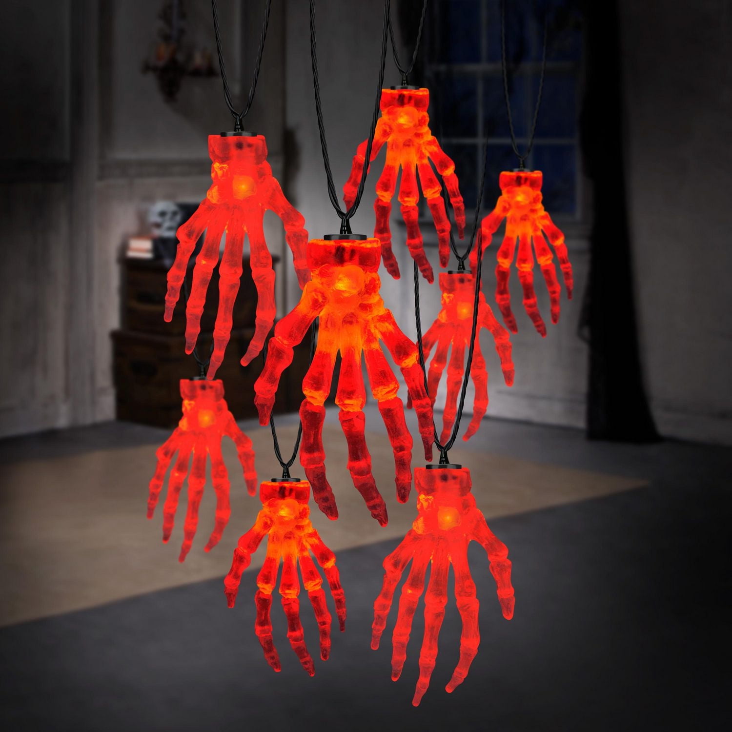 Guirlande lumineuse à piles pour Halloween, main S/8 squelettes (rouge)