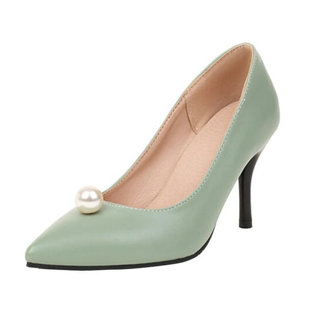 

Ladies Fashion Solid Color Leather Pearl Decoration Pointed Toe Thin High Heel Casual Single Shoes