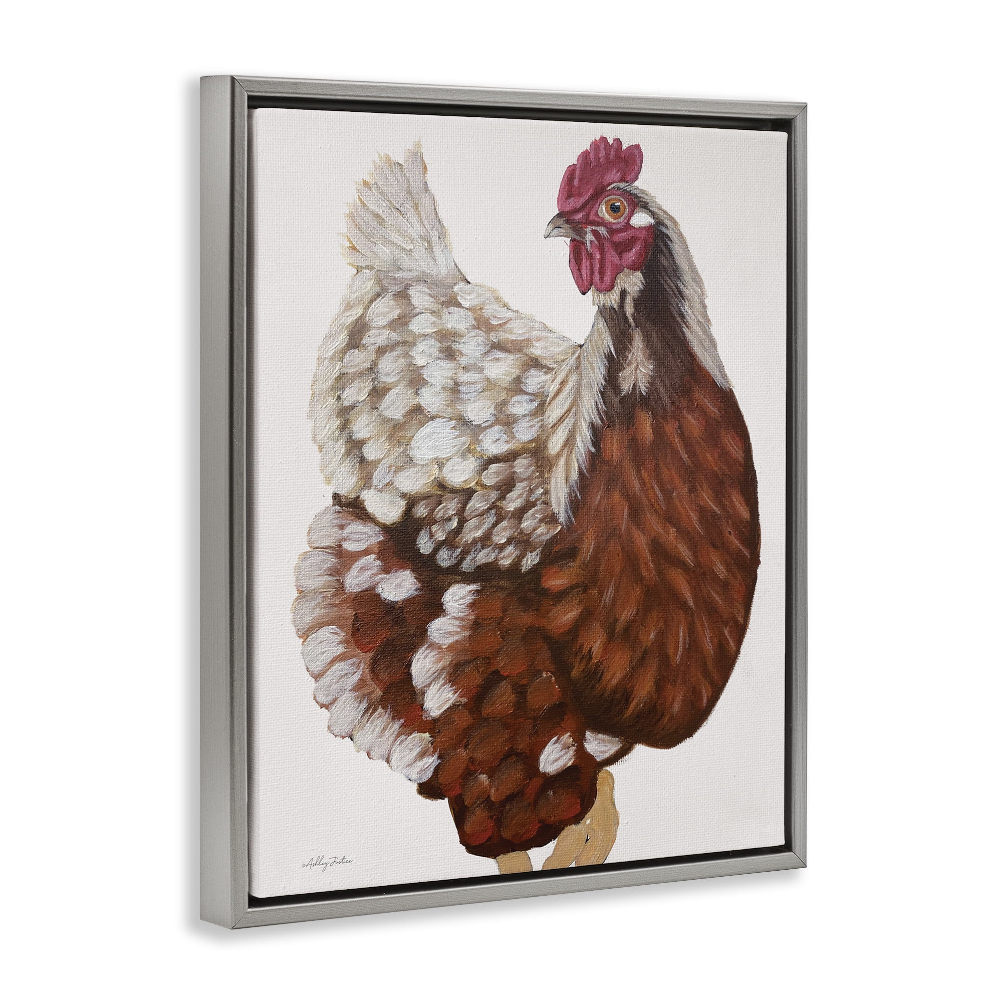 Stupell Industries Traditional Chicken Portrait Animals & Insects Painting Gray Floater Framed Canvas Art Print Wall Art, 17 x 21