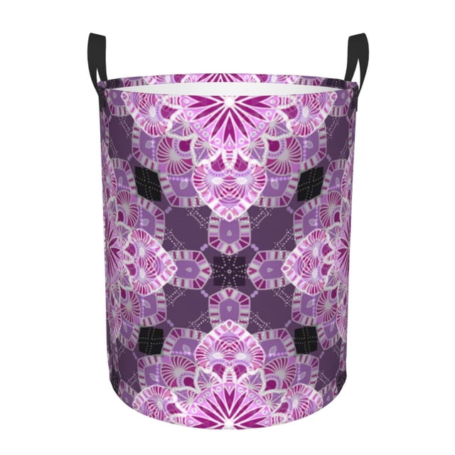 DouZhe Waterproof Collapsible Large Laundry Baskets, Kaleidoscope Mandala Fractal Pink Prints Circular Hamper with Handles