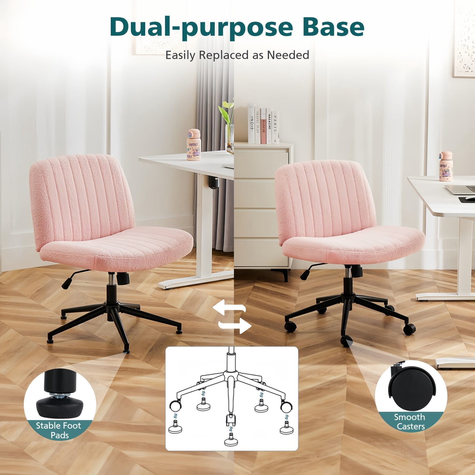 Kelno Armless Criss Cross Office Chair with Wheels 300lb Capacity Wide Seat Cross Legged Desk Chair Height Adjustable Swivel Vanity Chair, Pink Teddy