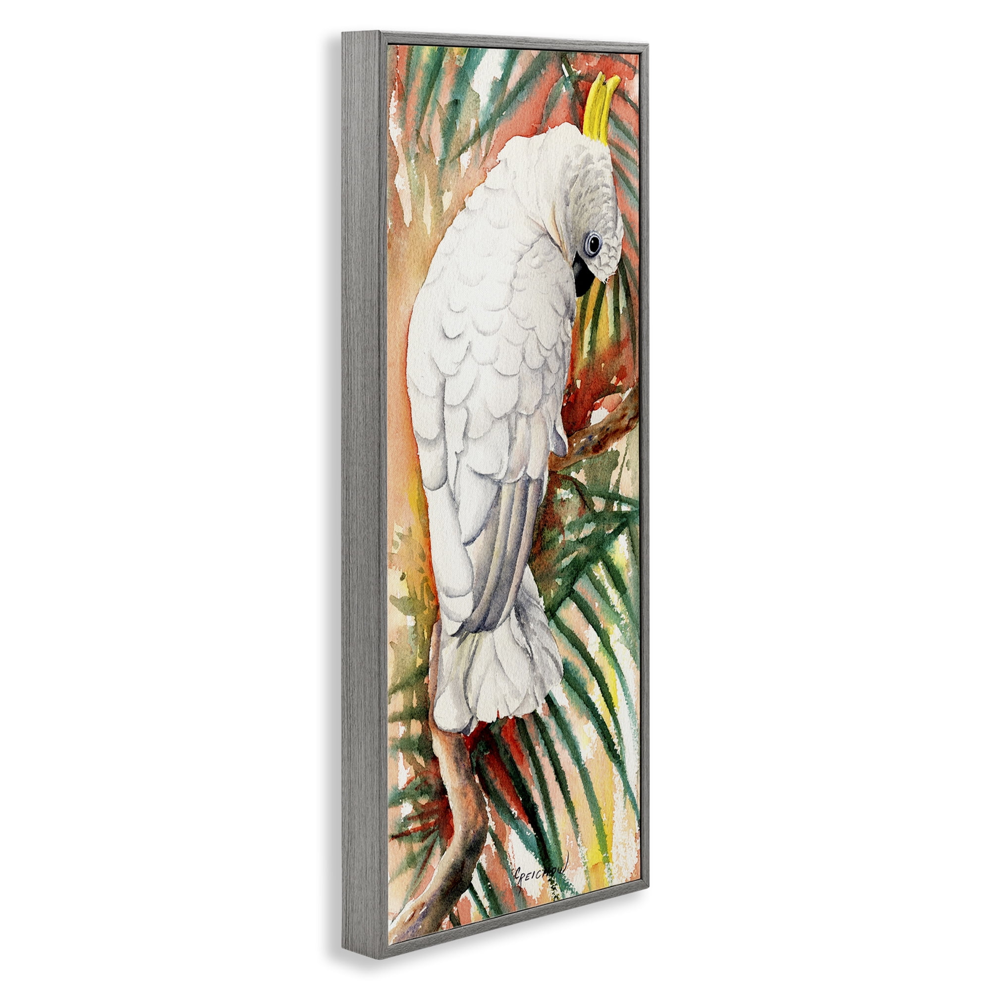 Stupell Industries Cockatoo Among Leaves Animals & Insects Painting Gray Framed Art Print Wall Art, 13 x 30