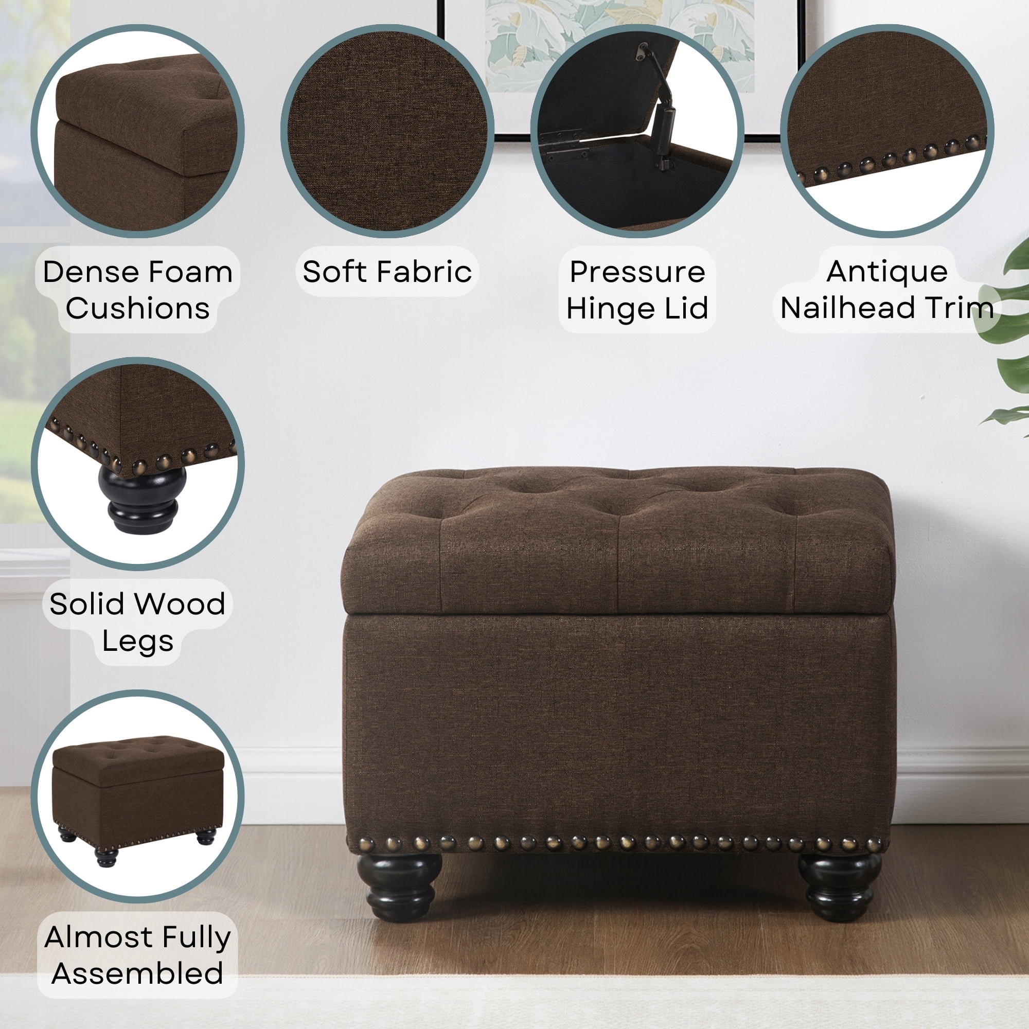 Convenience Concepts Designs4Comfort 5th Avenue Storage Ottoman, Medium Brown Fabric