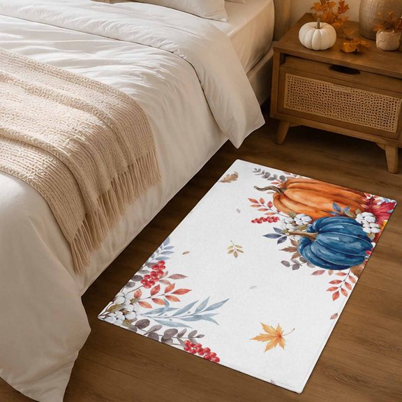 2x3ft Rectangle Rug,Thanksgiving Orange Blue Pumpkin Washable Area Rugs Non-Slip Accent Rug Fall Country Leaves Berry Soft Circle Carpet for Living Room Bedroom Home Office Decor