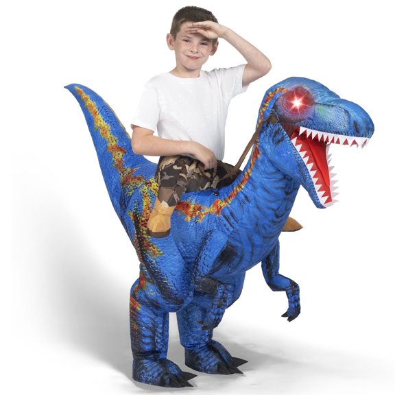 Joyfy Halloween Inflatable Dinosaur Costume for Kids, LED Light Eyes Blue Raptor Ride-On Inflatable for Halloween Dress Up Party