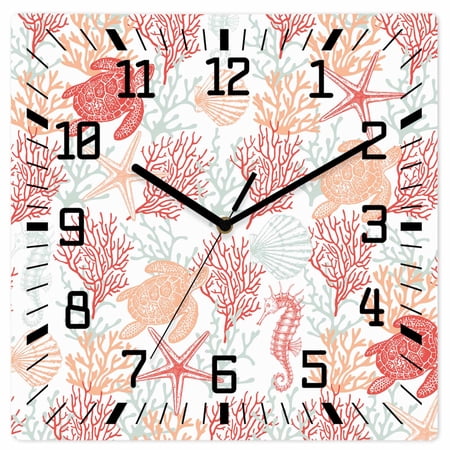 Red Orange Coastal Wooden Wall Clock Silent Non Ticking, Sea Turtle Nautical Coral Summer Beach Square Wall Clocks Battery Operated, Decor Clock for Home Office, Living Room, Kitchen, 12 Inch