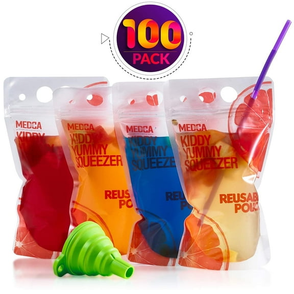 MEDca 100 Drink Pouches with 100 Straw, Double Zipper Reusable Smoothie, Plastic - Clear