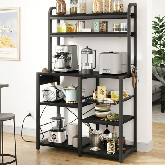 Studyset 6-Tier Bakers Rack with Power Outlet,35.4 Inches Coffee Bar with Wire Basket,  Industrial Kitchen Microwave Stand with Shelves & Storage Basket, Rustic Coffee Bar Station