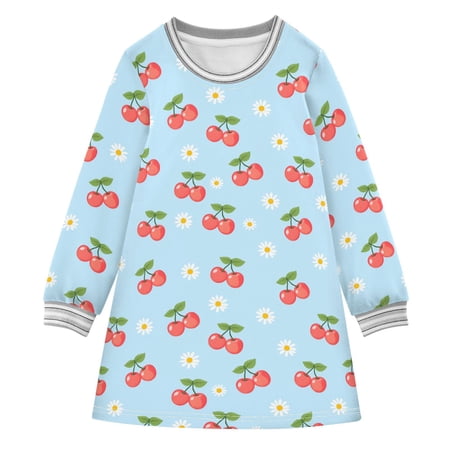 long-sleeved dress Red Cherry Daisies A-line dress with ribbed cuffs Soft and comfortable
