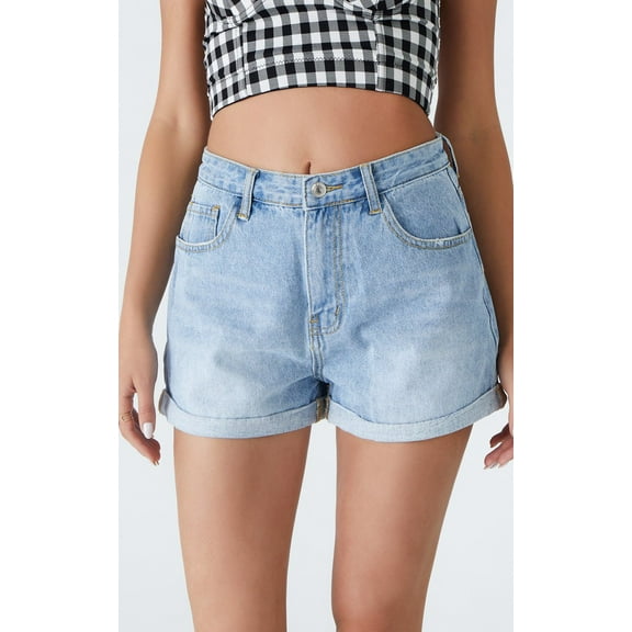 EVAVON Womens Apparel Cuffed Denim Shorts Light Blue