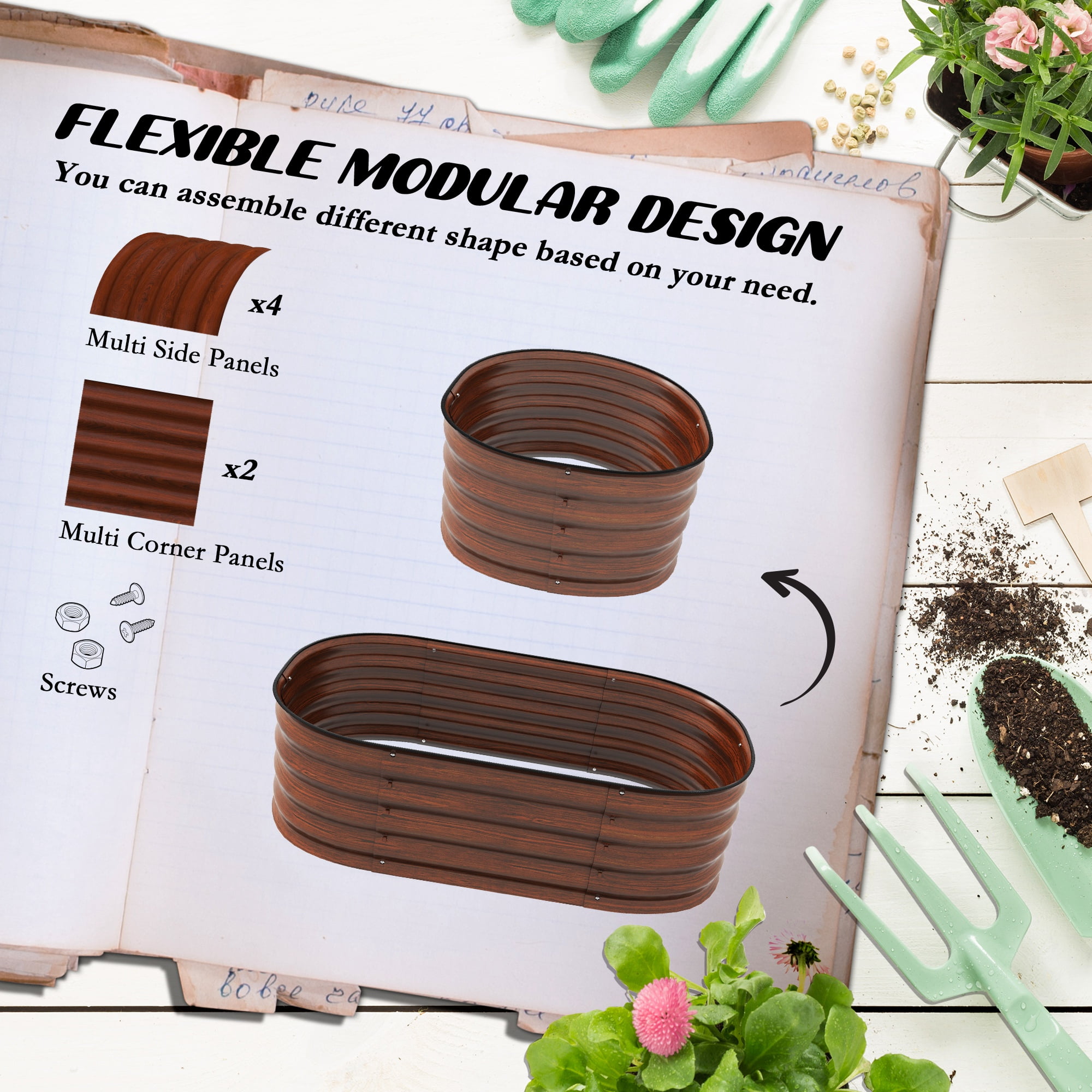 Outsunny Galvanized Raised Garden Bed Kit, Metal Planter Box with Safety Edging, 41.25" x 24.5" x 11.75", Brown