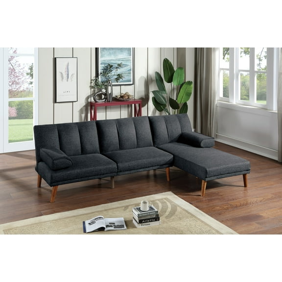 Living Room Sectional Convertible Bed Chaise Sofa Black Polyfiber Adjustable Couch Patterned Cushions
