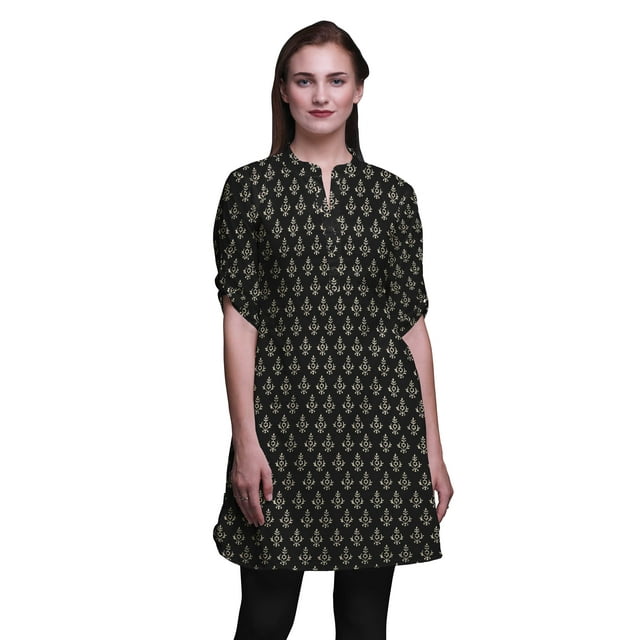 Bimba Kurti à Manches Retroussables pour Femmes, Col Mandarin Imprimé, Hauts de Kurti Courts