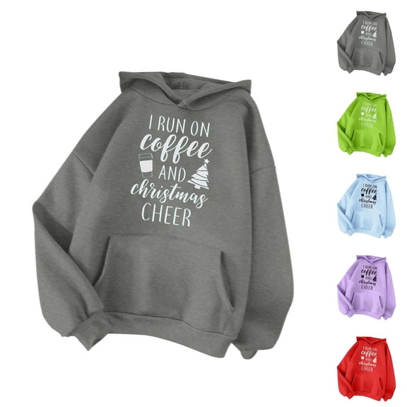 I Run On Coffee And Christmas Cheer Hoodies for Women Long Sleeve Xmas Hooded Sweatshirt with Pockets Pullover Tops