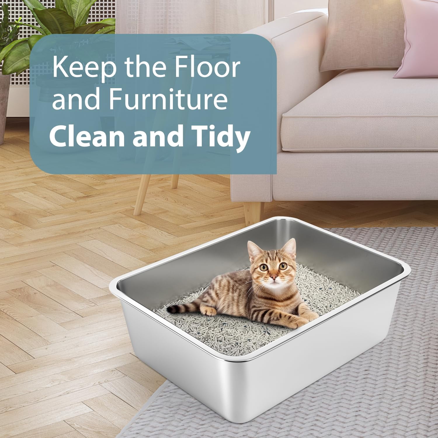 Stainless Steel Litter Box - Cat Easy To Clean  Never Absorbs Odor Stains Or Rusts (17.7" L X 13.5" W 6" H)