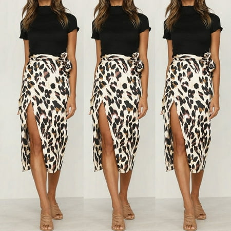 Adult Wrap Skirt New Summer Women Leopard Skirt Slim Fit Wrap Bandage Lace Up Bodycon Midi Skirts Apricot Size S ()