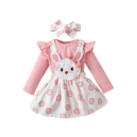 

Diconna Newborn Baby Girls Easter Outfit Long Sleeve Romper Tops Bunny Suspender Skirt Headband 3pcs Cute Clothes Set Pink 12-18 Months