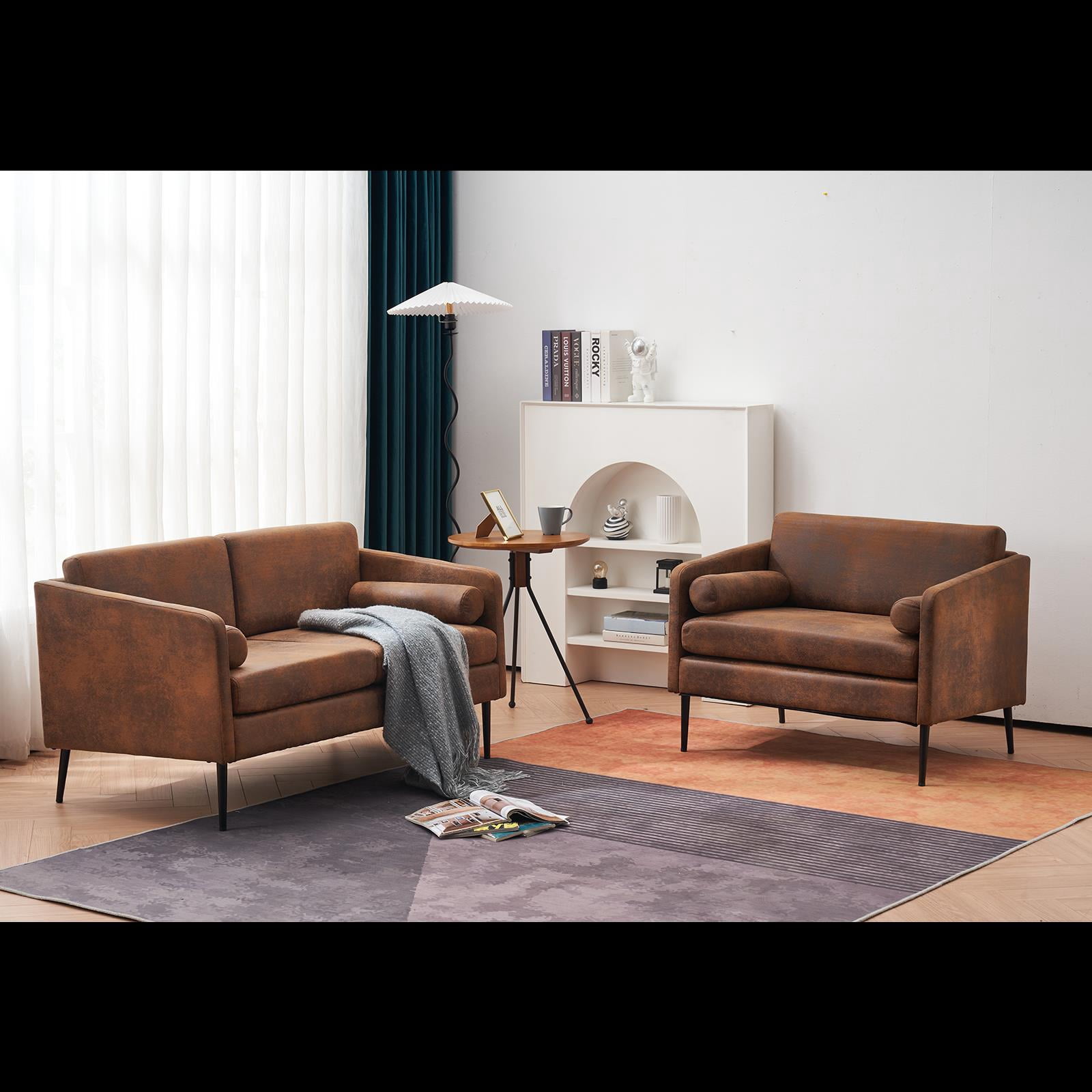 Ktaxon 2 Pieces Living Room Sofa Sets, 38" Parent-Child 1.5 Seater Accent Chair and Small 2 Seater Loveseat with Bronzing Cloth and Waist Pillows Brown