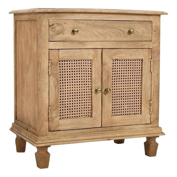 Benjara 30" NightStand Table- Rattan Cabinet Doors & Drawer -Brown Mango Wood