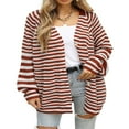 thumbnail image 1 of PENGXIANG Cardigan Sweaters for Women Color Block Long Sleeve V Neck Sweater Fashion Kint Striped Open Front Button Outerwear, 1 of 7