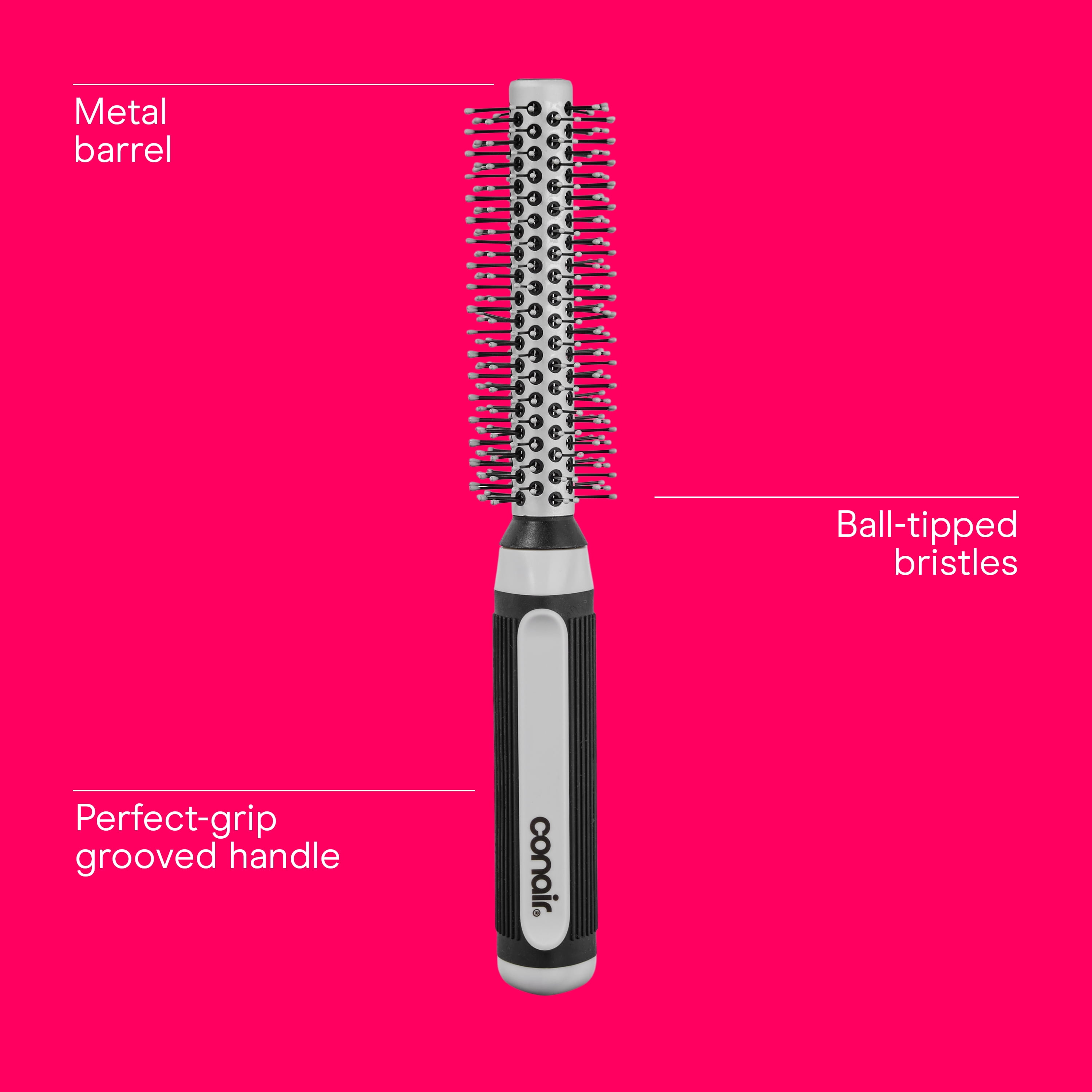 (2 pack) Conair Grip & Style Small Metal Round Hairbrush, Nylon Bristles and Rubber Handle