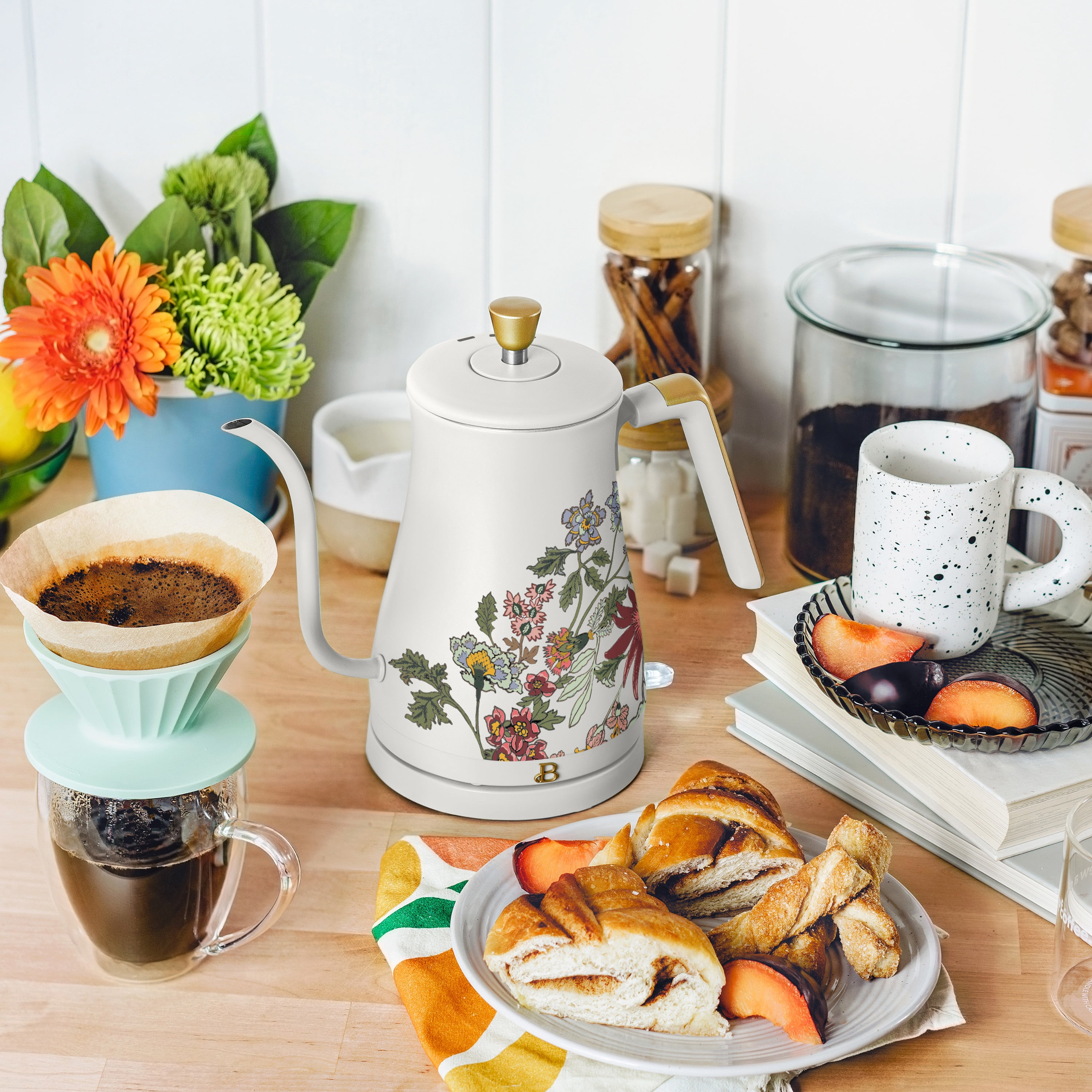 Beautiful 1-Liter Electric Gooseneck Kettle 1200 W, Wildflower White Icing by Drew Barrymore