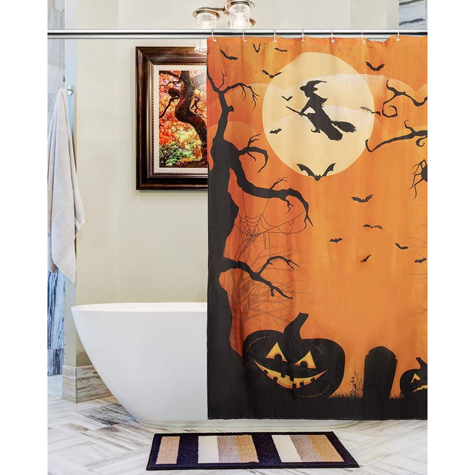 72x72 Trick or Treat Pumpkins Waterproof Bath Curtain Gnomes Purple Truck Spooky Witch Black Cat Holiday Decor Fabric Shower Curtains with Hooks Bonsai Tree Halloween Shower Curtain for Bathroom