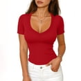 thumbnail image 7 of Womens Rib-knit Tops Slim Fit Deep V Neck Short Sleeve Base T-shirts Sexy Casual Summer Trendy Clothes (2XL, Red), 7 of 7