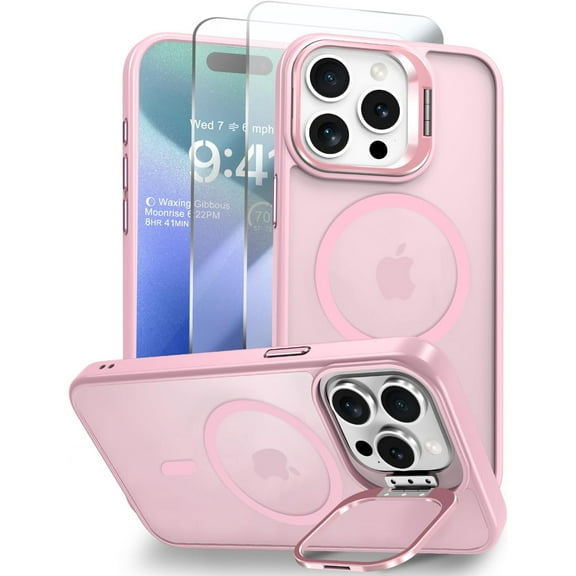 for iPhone 15 Pro Max Case, with Invisible Stand & Camera Guard, Matte Back Cover, Fit for Magsafe, Military Grade Shockproof, Slim Magnetic Phone Case Bulit in Kickstand 6.7", Pink Titanium