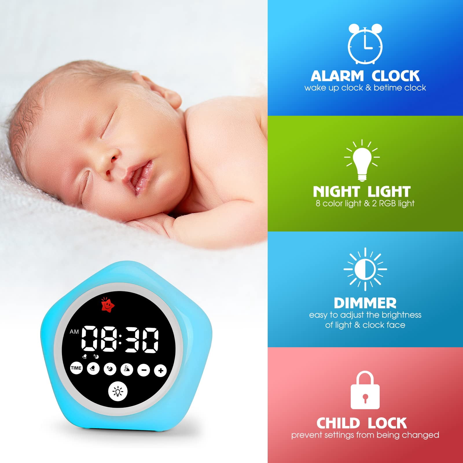 Toddler Alarm Clock for Sleep Training, Kids OK to Wake Clock with Green Red Light, Children's Night Light with 10 Colors, Adjustable Brightness, Pink