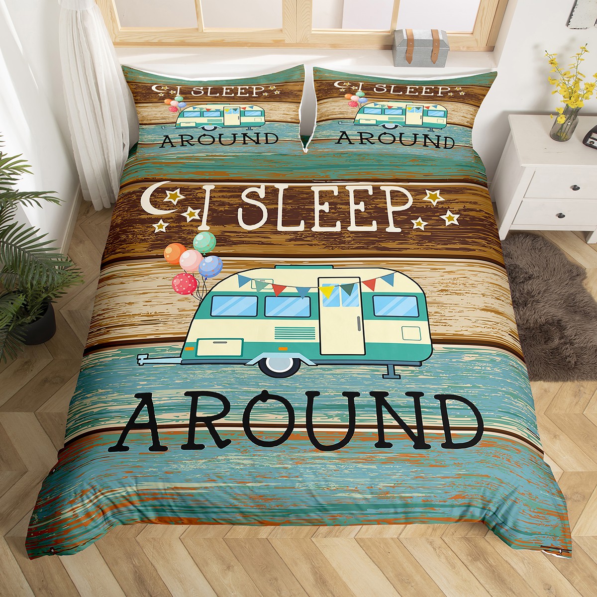 Rustic Comforter Cover Full Size Camping Themed Bedding for Family Boys