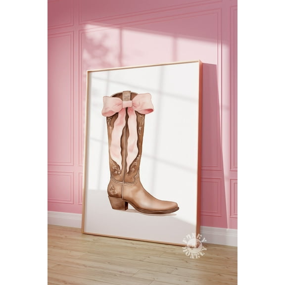 Miluva Cowgirl Boot Coquette Pink Bow Western Boots Wall Art Print, Girly Dorm Room Decor, Retro Western Aesthetic, Cowboy Trendy Aesthetic Digital Wall Art Decor For Home Office, 8x12 UNFRAMED