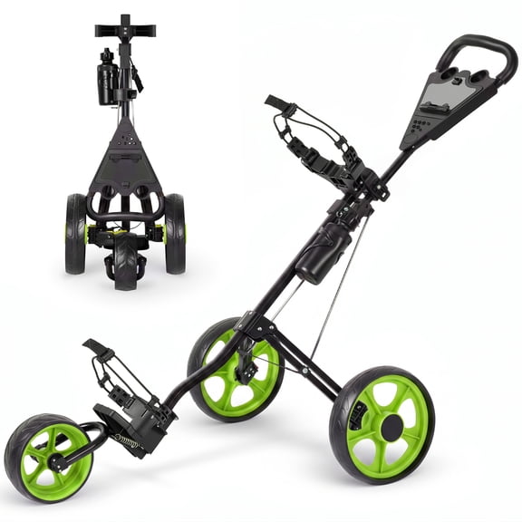Naipo 3 Wheel Folding Golf Push Pull Cart, Large Wheelbase for Different Terrain, Adjustable Handle, Scorecard Holder, Green