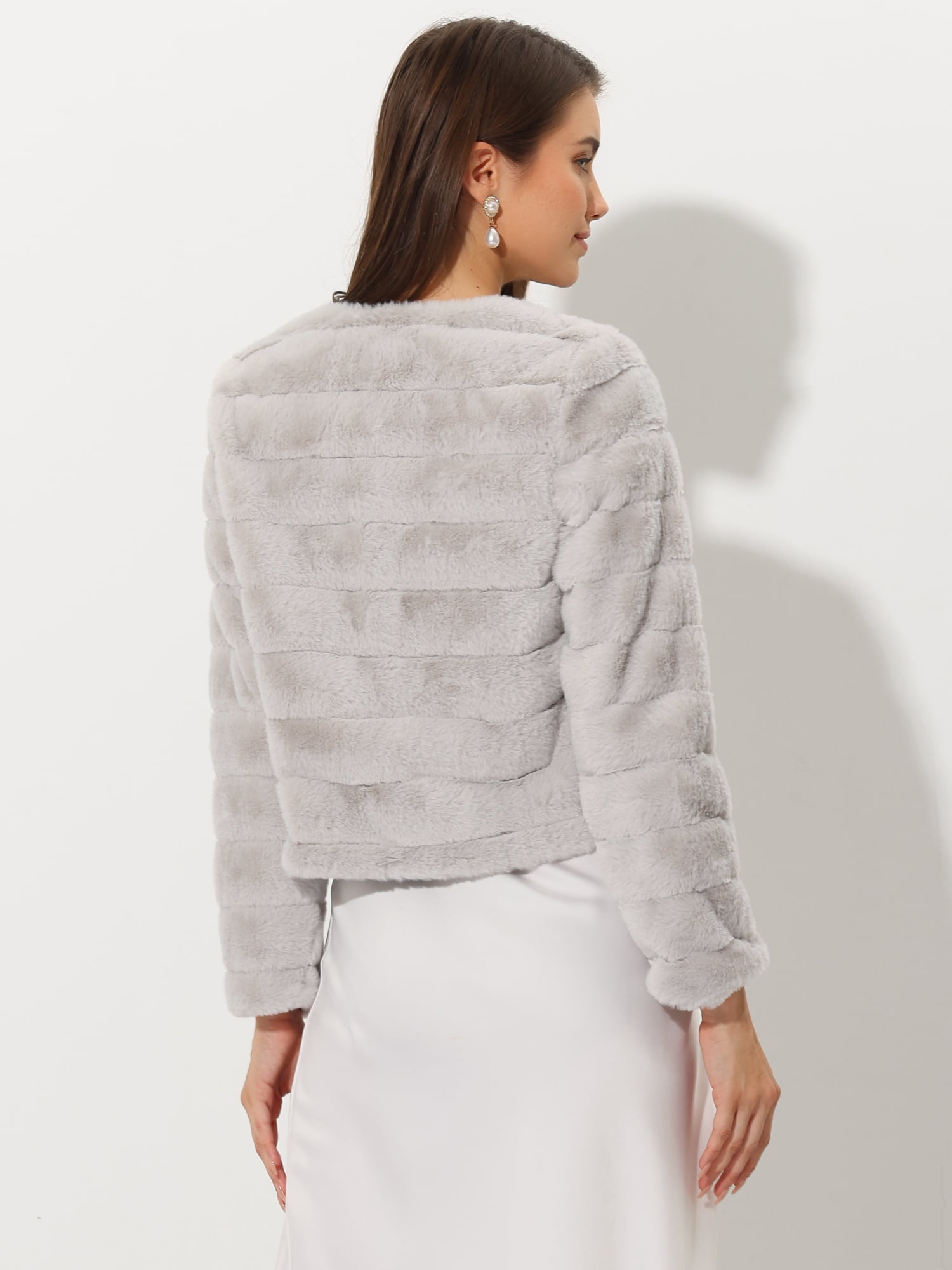 DARING DIVA Women's Long Sleeve Collarless Shaggy Soft Faux Fur Coat XS Light Gray