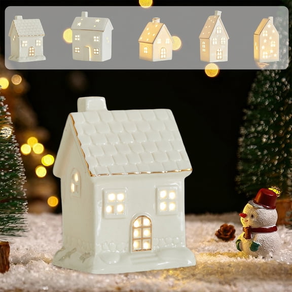 Ceramic Little House Ceramic Christmas Deer Snowman Old Man Luminous Scene Decoration Ornament 11x7cm for Holiday Tabletop Display 1Pcs Rkxzt