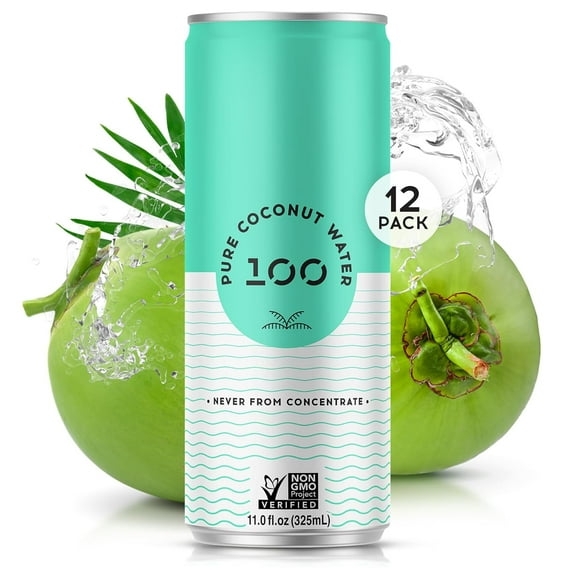 100 Coconuts Pure Coconut Water, Hydration, 11 fl oz Cans, 12 Pack, Liquids