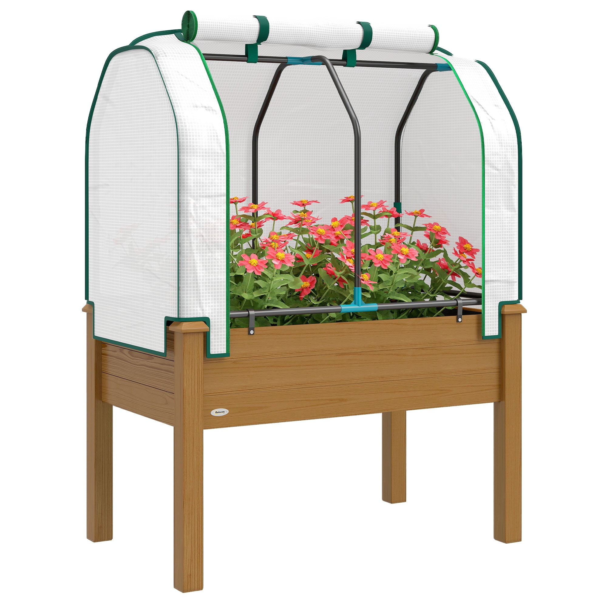Outsunny Raised Garden Bed with PE Greenhouse Cover Outdoor Elevated Wood Planter Box for Herbs, Vegetables, for Patio, Backyard, Balcony, Brown